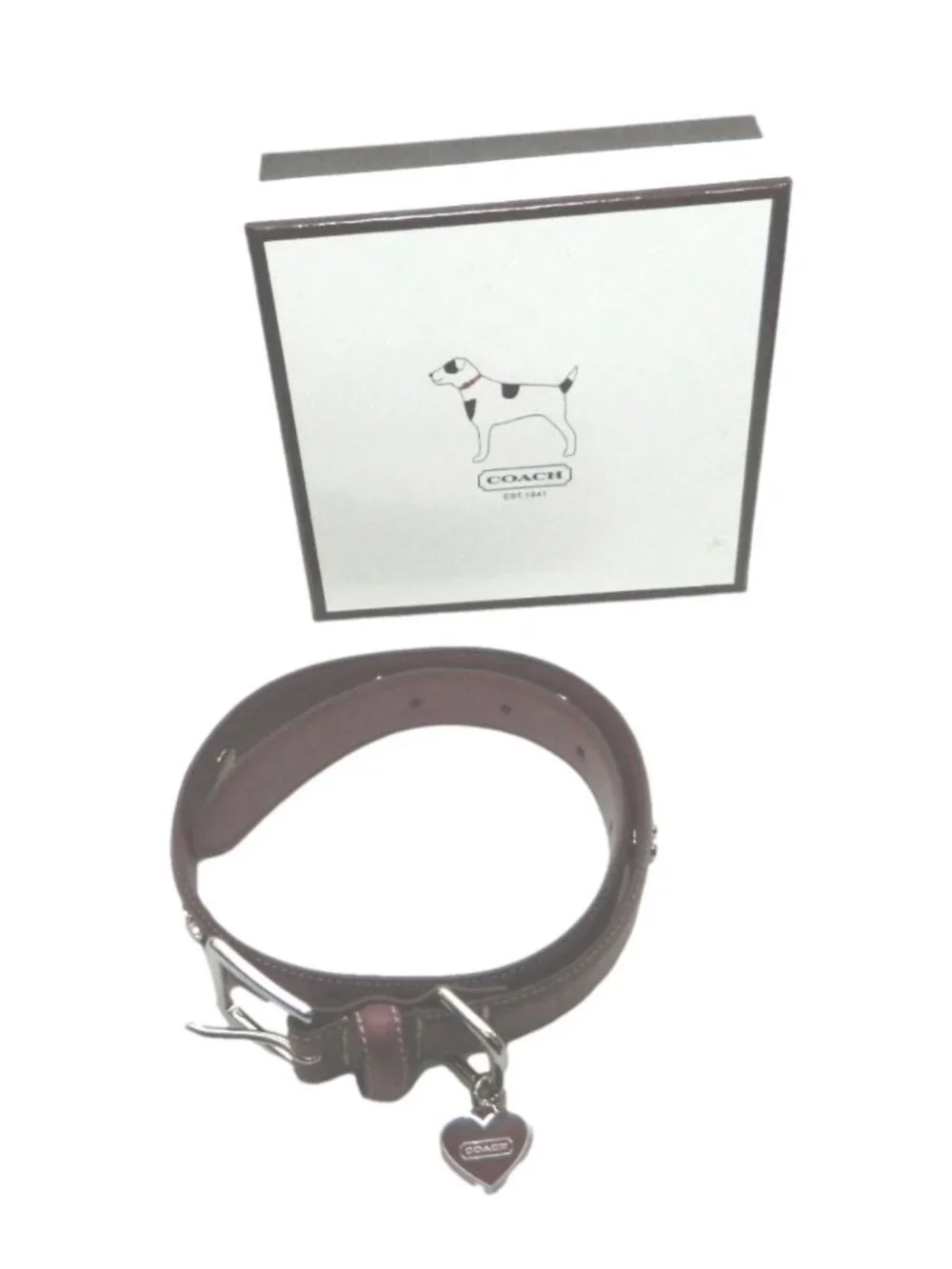 Coach Leather Charm Dog Collar with Heart Enamel Accents SV/Amethyst Sz L NIB!